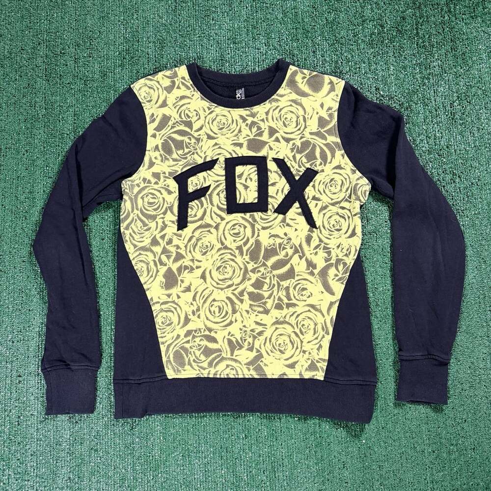 Y2K Mens Fox Racing Black and Yellow Rose Graphic Crewneck Sweatshirt Medium